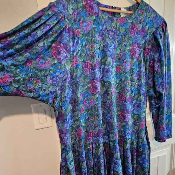 Vintage Drop Waist Dress Women 2X Floral 80s Glam Rock Pleated Festival Cottage - Picture 4 of 9